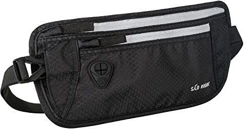 SAO ROQUE ® Bauchtasche Damen Herren (XL) Reisepasshülle Gürteltasche Reise Gadgets mit RFID Blocker, Hüfttasche stylisch, Geldgürtel flach (Schwarz)