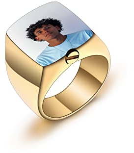 INBLUE Ringe Herren Asche Ring Edelstahl Siegelring mit Gravur Personalisierter Foto Text Eingraviert Schwarzer Silber Ring Hunde Erinnerung Schmuck mit Trichter Werkzeug (Gold, Farbfoto, Größe 64)