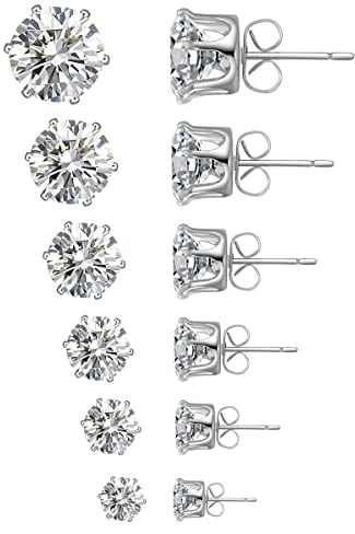 Adramata 6 Paar Ohrstecker Ohrringe Damen Herren Edelstahl Hypoallergen Ohrringe Set Simulierten Diamant Brillant Runde Zirkonia Ohrringe Ohrstecker Silber 3-8mm