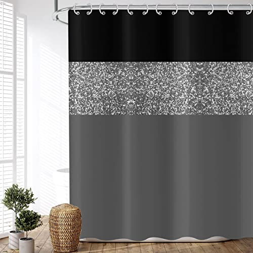 ASDCXZ Rideau de Douche Paillettes 180x180 cm, Moderne Noir Gris Paillettes Argent épissage Textile imperméable Rideaux de Douche de Lavable Rideau Douche Tissu pour Baignoire avec 12 Crochets