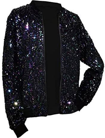 ORANDESIGNE Baseball Jacke Damen Pailletten Reißverschluss Langarm Jacken Frühling Herbst Kurze Jacke Outwear mit Taschen Frauen Retro Casual Baseball Bomberjacke Bikerjacke I Mehrfarbig M