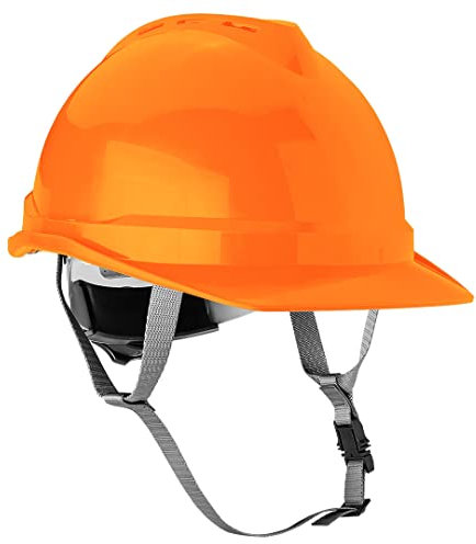 NEO TOOLS Industriehelm mit Kinnriemen, Verstellbarer Umfang 52-64cm, Material: ABS, 6-Punkt-Gurt, 4-Punkt-Kinnriemen, Temperaturbereich -30°C/+50°C (Orange)