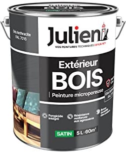 Julien Peinture Bois Microporeux Extérieur Satin - Portes, fenêtres, portails, mobilier de jardin - Gris Anthracite 5 L
