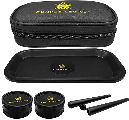 PURPLE LEGACY® 6 Teiliges Bio Grinder Set zum zerkleinern und Aufbewahren von Kräuter mit Ablage-Tablett, Aufbewahrungs-Tasche Aufbewahrung Case mit Schwarzer Tasche mit 2 Hüllen