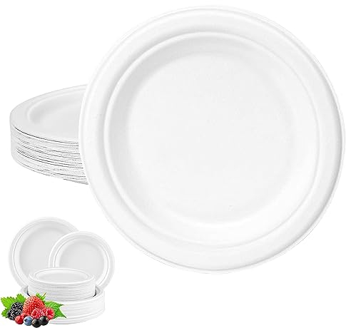 YAAVAAW Assiettes jetables Rondes Blanc 10inch/25cm,50 pièces Super Rigides Papier Assiettes de Bagasse de Canne à Sucre Recyclables,Biodégradables pour Camping,Pique-niques,Barbecues,Anniversaires