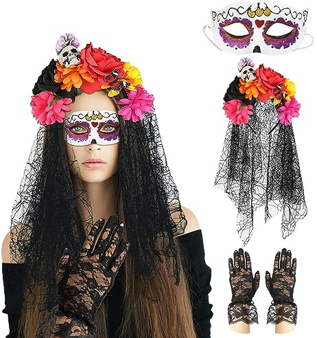 DPKOW Halloween Haarreif Tag der Toten Gesicht Tattoos Temporäre Halloween Spinne Fledermaus Tattoos Halloween Netzstrumpfhose Strümpfe Halskette, Halloween Kostüm Accessoires Damen Tag der Toten