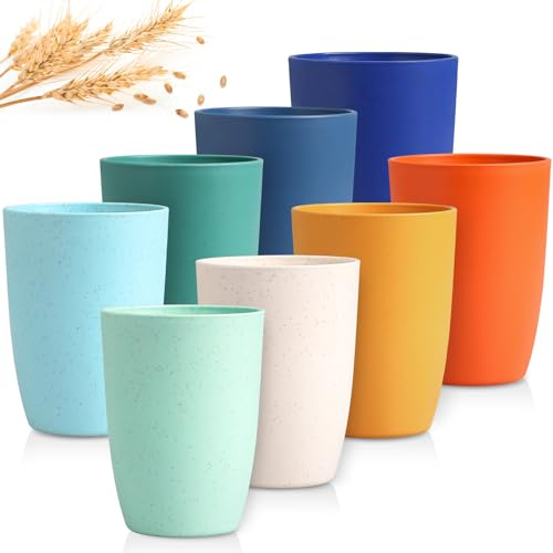 GENLGE Wheat Straw Cups Set of 8 - Unbreakable 12 OZ Reusable Drinking Glasses BPA Free Cup Dishwasher Safe Tumblers