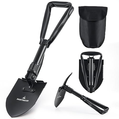 DARTMOOR Mini Folding Camping Shovel, 46cm Survival Shovel with Saw Edge for Digging Backpacking Gardening Hiking, Portable Entrenching Tool Foldable Steel Camp Shovel with Storage Bag, Black