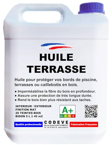 Huile Bois Terrasse - Codeve Bois/Incolore - 5 L - Intérieur/extérieur - Pour La Protection D'un Bord De Piscine, Terrasse Ou Caillebotis En Bois.
