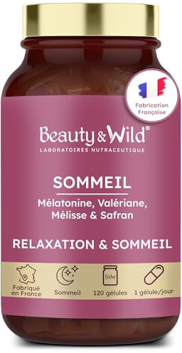 Sommeil, 1.9mg de Mélatonine pour mieux Dormir | FORMAT 4 MOIS - Calme l'esprit & le Corps, Valériane, Mélisse, Safran, Vitamine B6 | Sans accoutumance, 120 gélules, Made in France - Beauty&Wild