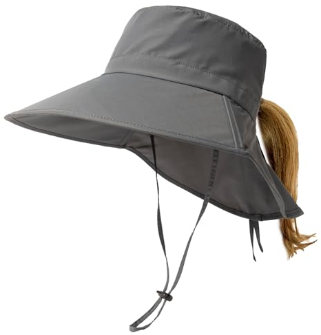 TOP-EX XL/XXL Damen Sonnenhut Pferdeschwanz UV Schutz Faltbar Wasserdicht Outdoor Hut mit Nackenschutz Breite Krempe Sommer Fischerhut Safari Wanderhut Trekking 94601_Grau M/L