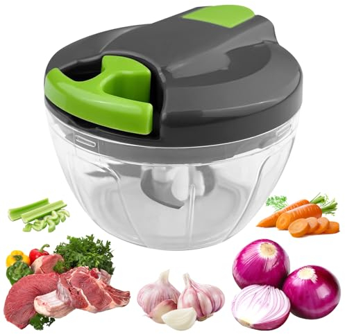 Ghazpmuk Mini Hachoir Manuel Cuisine, 520 ml Coupe Oignon Manuel avec Cordon de Tirage, Mixeur Manuel avec 3 Lames en Acier Inoxydable, Hacheur Legume, Decoupe Oignon Manuel, Eminceur Oignon (vert)