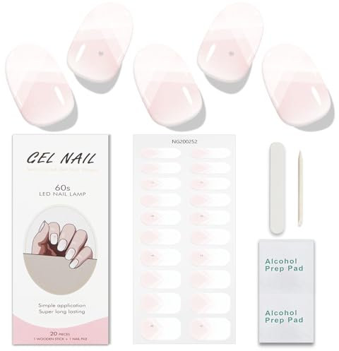 JMEOWIO Gel Nail Stickers Cream Pink French Tip Semi Cured Gel Nail Strips Wraps UV/LED Nails Art Design Decoration Accessories