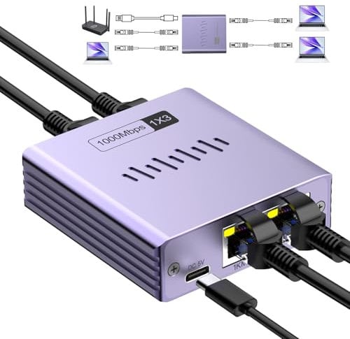Switch Ethernet 1 a 3 1000Mbps Aluminio Gigabit Ethernet Splitter Duplicador RJ45 con Cable De Alimentación USB C para Ordenadores Routers Decodificadores TV digital