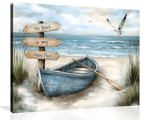 OWNANRTHM Leinwandbild mit Strandboot, Möwe, Küstenboot, Bilder, Bauernhaus, Seevogel, Schiff am Strand, Malerei, Küstenschiff, Drucke für Wohnzimmer, Badezimmer, Wandrahmen, 40,6 x 50,8 cm