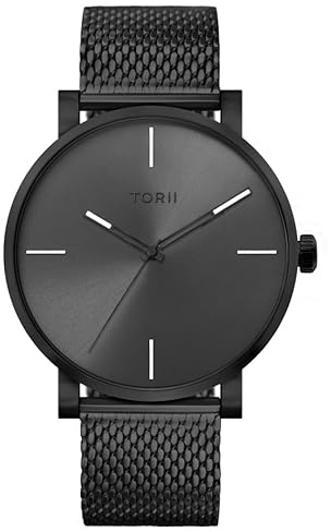 TORII Herrenuhr Schwarz Edelstahl - rund Quarz B45BG.B5 Milanaise-Armband Strichindizes wasserdicht 100 m