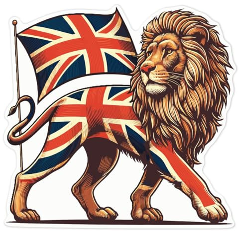 Azeeda 'Lion with Union Jack' Sticker - White, 21cm (DW00128162) | Waterproof Permanent Vinyl Decal for Cars, Windows and Bins