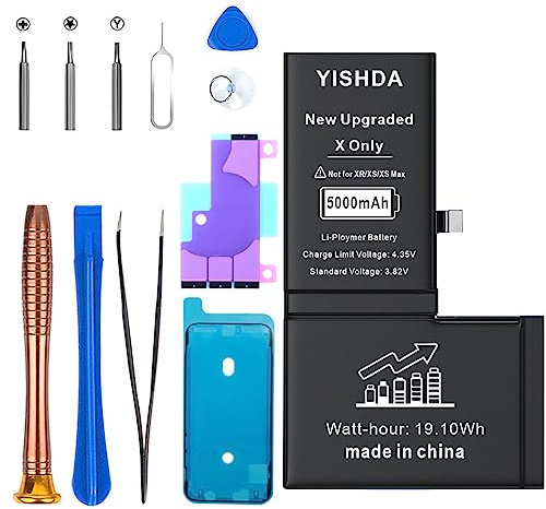 [5000mAh] Akku für iPhone X, YISHDA New Upgrade 0 Cycle Ultra High Capacity Battery Replacement for iPhone X Model A1865, A1901, A1902 with Full Set Professional Repair Tool Kits……