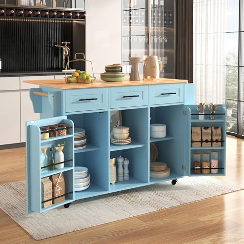 Zepneiy Buffet Cuisine avec Plan de Travail et décoration marbre Blanc, Chariot à roulettes avec 3 tiroirs, Desserte Cuisine avec Porte Serviettes, Bleu 139×71×91,5cm