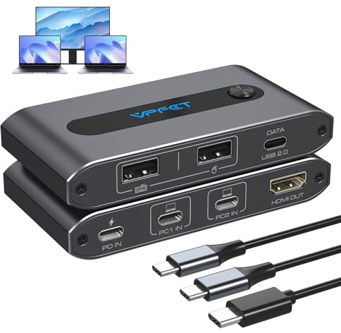 XPTSFDU Dual USB C KVM Switch 4K@60Hz HDMI USB C Thunderbolt KVM Switch for 2 Computers 1 Monitor Up to PD 100W Charging with USB Port Mac Windows Laptop