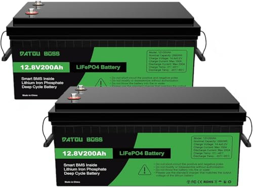 DATOUBOSS Batterie 12V 200Ah LiFePO4, batterie lithium 2560Wh avec BMS 200A, 4500-15000 cycles profonds, prise en charge en connexion série/parallèle, pour panneau solaire, marine, ménage (2 pièces)