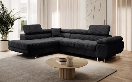 Luxusbetten24 Designer Sofa Aston mit Schlaf- und Klappfunktion | Bezug: Cord | Farbe: Schwarz | Stellvariante: Links