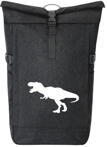 Huuraa Kurierrucksack Tyrannosaurus Rex Dinosaurier Geschenk | 30-44 Liter Backpack Black Melange Fairtrade Rolltop Rucksack Geschenkidee Schwarzer Laptop-Rucksack passend für 17-Zoll