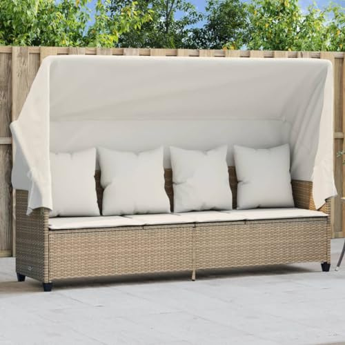 Snsowed Sonnenliege mit Dach und Kissen Beige Poly Rattan, Gartenliege, Liegestuhl, Sonnenstuhl, Sonneninsel Outdoor, Liegen, Gartenmöbel, Bäderliege, Relaxliege - 368357