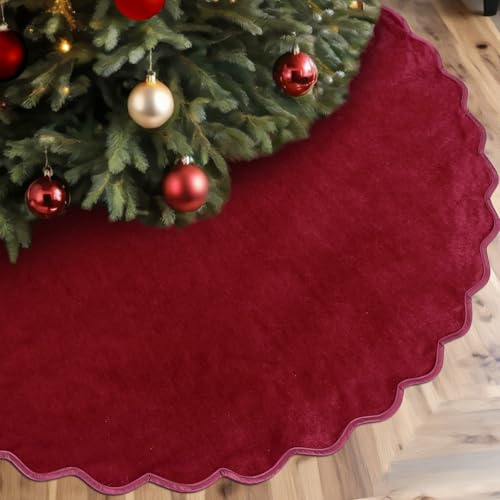 RoundFunny Burgundy Christmas Tree Skirt Velvet Tree Skirts, 48 Inch | Decorations with Scalloped Edge Soft Vintage Xmas Mat Rustic Farmhouse Decor for Home Indoor Outdoor Winter Holiday Party