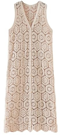 LCDIUDIU Chaleco Largo De Crochet para Mujer, Begie, Sin Mangas, con Cuello En V, Botones, Crochet Hueco, Flores Geométricas, Chaqueta Tipo Cárdigan, Verano, Bohemio, Hippie, Chaleco Midi para Pla