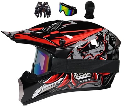 Casque Moto Enfant 7-14, Casque De Motocross Pour Les Adolescents, Protection Enduro Integral VTT Casque Moto Cross, Pour BMX MTB Quad Enduro ATV Scooter, Avec Goggle Gants Masque(Red,M(54-55CM))