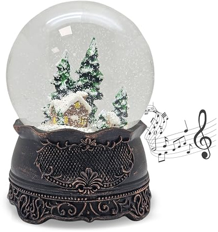 Schneekugel Weihnachten Spieluhr | Berghütte | B: 10 cm | 20324 | Breite: 10 cm, Höhe: 14 cm | Sockel Ornamentrelief Kupfer antik | mit Musik | Schüttelkugel Weihnachtsdekoration