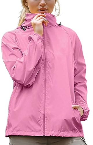 Impermeabile Donna, Giacca da Pioggia Leggero Ripiegabile Cappotto Antivento con Coulisse Regolabile da Esterno con Cappuccio Elegante Antipioggia E Antivento Autunnale Trench Giacchetto