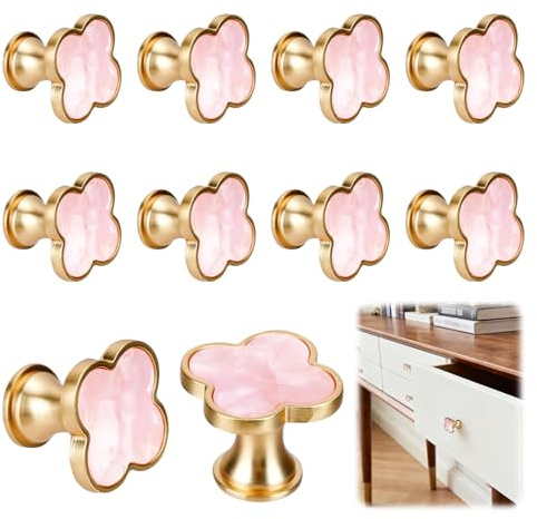 MAIJIAJU 10Pcs Four Leaf Clover Drawer Pulls, Pink Zinc Cabinet Knobs