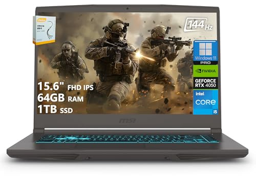msi Thin 15 Gaming Laptop | 15.6 FHD IPS 144Hz | Intel 8-Core i5-13420H (> i7-12650H) | 64GB RAM 1TB SSD | GeForce RTX 4050 6GB | USB-C Backlit Keyboard Wi-Fi 6E Win11 Pro w/DLCA Accessory