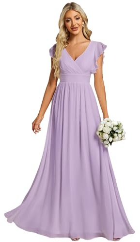 Ever-Pretty Abito Donna Sera con Schiena Scoperta Maniche Arricciati Chiffon Scollo a V Pieghe Abiti da Damigella d'Onore Elegante ES01819-P