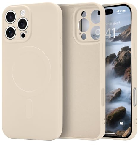 Urarssa Magnetic Case for iPhone 16 Pro Max, Liquid Silicone, Beige | Compatible with Magsafe, Premium Gel Rubber Silky-Soft Touch Phone Case, Anti-Scratch Shockproof Drop Protective Phone Cover