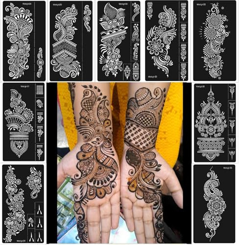 9 Sheet Henna Tattoo Kit, Reusable Henna Stickers for Hand Forearm Indian Arabian Self Adhesive Tattoo Templates