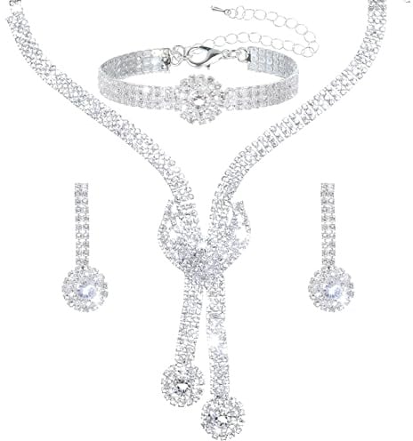 Telooco Strass Schmuckset Damen Silber Elegante Hochzeitsschmuck, Halskette Baumelnde Ohrringe Armband Hochzeit Brautschmuck Set Formeller Modeschmuck für Frauen Bräute Hochzeit Abschlussball