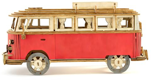 3D Holzpuzzle Bus Camper Van | Holzbausatz Modellbau für Erwachsene und Jugendliche | 226 Teile | 30x12x14cm | Rot | Kreativgeschenk