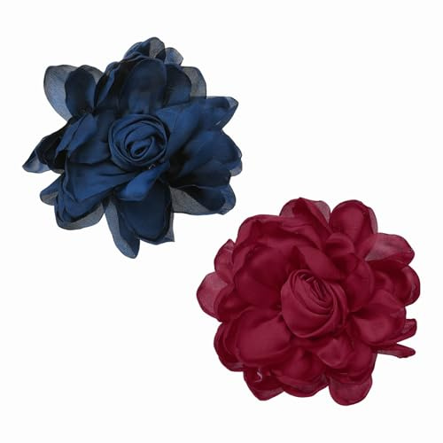 PATIKIL Große Stoffblumen-Broschen Anstecker 2Stk Elegante Stoffrose Große Brosche Zarte Satin-Kamelie Corsage Reversnadel Für Damen Hochzeitskleidung Anzug Kleid Weinrot/Marineblau