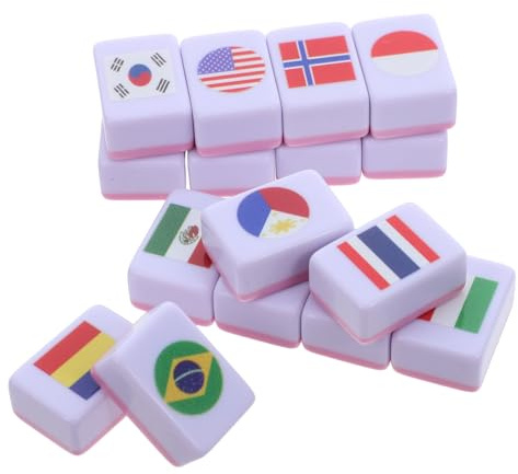 SKISUNO 64 Stück Mahjong Spiel mit Internationalen Flaggen Tragbares Brettspiel für 2 Spieler Melamin Steine Strategisches Memory Spiel für Familie und Reisen