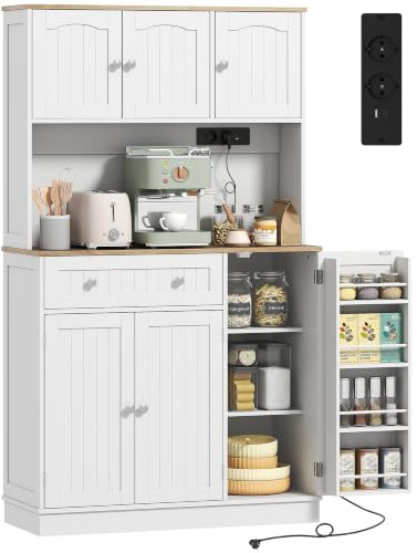 HOMCOM Alacena de Cocina Alta con Estación de Carga 100x40x173 cm Blanco | Mueble Auxiliar de Cocina, 6 Puertas, Cajón, Estantes Ajustables, 4 Estantes para Especias, Encimera Amplio