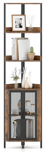 COSTWAY 6-Tier Industrial Corner Shelf, Tall Storage Bookshelf with Door Cabinet, Freestanding Bookcase Display Shelving Unit for Home Office (Rustic Brown, 32 x 32 x 170 cm)