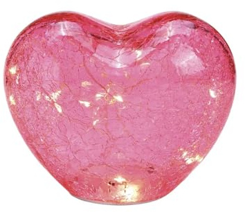 Seyila Home Herz LED Leuchte aus Glas – Dekorative Tischlampe mit Crackle-Effekt und Timer, Deko für Wohnraum, Valentinstag (Pink, 18x15x11)