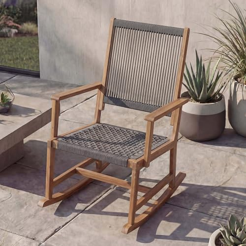 Mendler Schaukelstuhl HWC-P73 Akazie Holz Rope Seilgeflecht - grau | Garten, Outdoor, Wippstuhl, Relaxstuhl, Schaukelliege