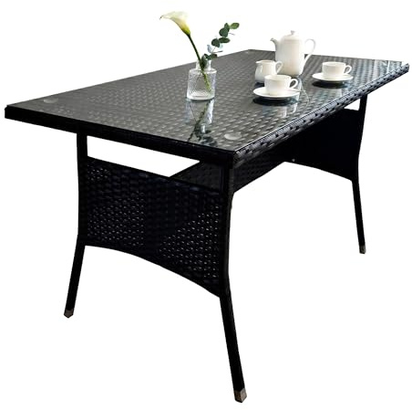 Relaxdays Gartentisch, HxBxT: 70 x 100 x 60 cm, wetterfest, Polyrattan, Glasplatte, Esstisch Garten & Balkon, schwarz
