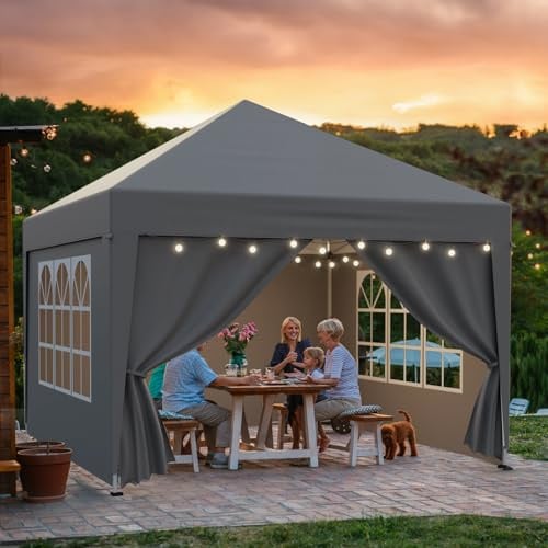 Soontrans Pavillon mit Seitenwänden, Pavillon 3x3 Wasserdicht Stabil Winterfest, Faltmechanismus, Partyzelt Höhenverstellbar Faltbar aus Metall, für Gartenparty Sommerfest Grill Familienfeier (Grau)