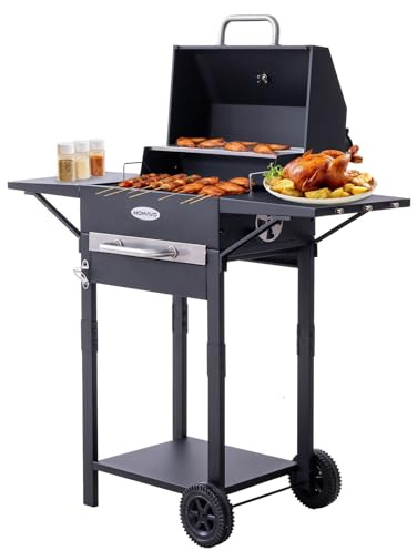 HOMAVO Barbecue a carbone con coperchio, Grill 2 in 1 da terra e tavolo, Compatto per balcone e giardino, Termometro integrato, Griglia mantenimento caldo, Facile da spostare