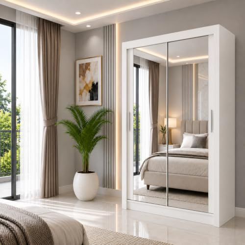 REXwood Furniture Mirrored Sliding Door Wardrobe, Bedroom Storage with Full Mirror Doors, Shelves & Hanging Rails, Modern Flat Pack Design, Black White Grey Oak, 100-250 cm (White, 100cm)
